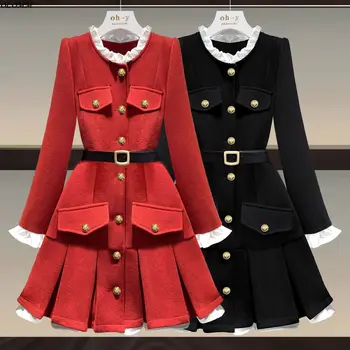 Kış Yeni Kore Moda İnce Stil Standı Yaka Altın Düğme Premium Lolita Elbise Kadın Kemer Streetwear Tüvit Kırmızı Siyah