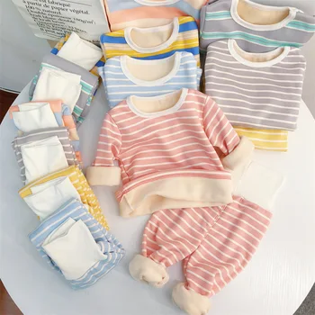 Kış Yeni Çocuk Artı Polar Ev Tekstili Seti Erkek Kız Bebek Pamuk Çizgili Uzun Kollu Üst + Yüksek Bel Pantolon 2 adet Pijama Takım Elbise
