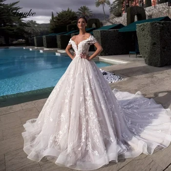 Liyuke Zarif Kapalı Omuz düğün elbisesi İle 3D Çiçekler Bir Çizgi Lüks gelinlik Damla Boncuk