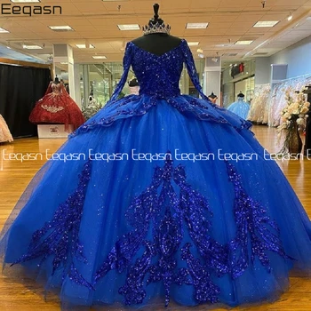 Lüks Bling Kraliyet Mavi Quinceanera elbiseler V Boyun Dantel Aplikler Balo Uzun Kollu Prenses Puf vestido de 15 anos