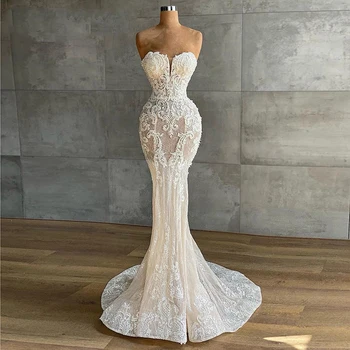 Mermaid Dantel düğün elbisesi Lüks Kristaller Boncuklu Gelin Elbise Sevgiliye Straplez Kolsuz Aplikler gelinlikler Gelin için
