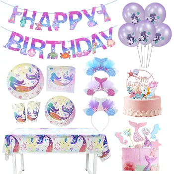 Mermaid Tema Parti Malzemeleri Kek Topper Mutlu Doğum Günü Afiş Balonlar Kız Çocuklar Hediye Kafa Bandı Gözlük Bebek duş dekorasyonu