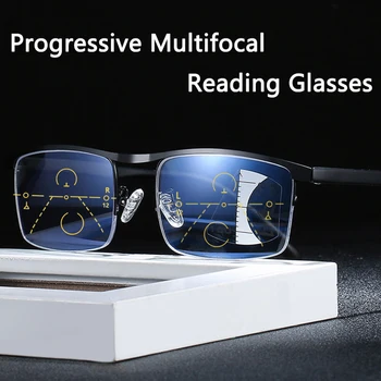 Metal İlerici Multifokal okuma gözlüğü Erkekler Bifokal Şeffaf Anti Mavi Işın Presbiyopik Gözlük Moda Kare Jant Siyah +150