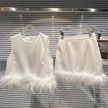 Moda Tüy Etek Setleri Kadınlar için 2022 Yaz Yeni Klasik Tarzı Çapak Hem Fermuar Yelek Tankı + Kalça Etekler Bayanlar Kıyafet Vestido