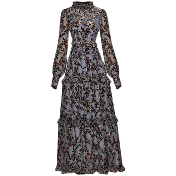 Moda Yeni Yüksek Kalite Yeni Kadın Muhteşem Baskı Kadife Vintage Zarif Şık Tasarımcı Pist Uzun Kollu parti Midi Elbise