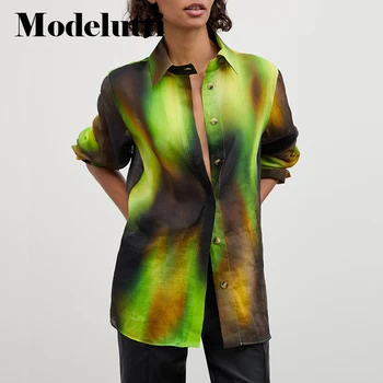 Modelutti 2022 Yeni Bahar Yaz Moda Uzun Kollu Degrade Tasarım Gömlek Kadın İnce Bluzlar Basit Casual Tops Kadın Şık