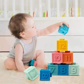 Montessori Bebek Oyuncak 0 12 Ay İstifleme Blokları Yumuşak Yapı Taşı Erkek Kız Çocuk Çocuklar İstiflenebilir Küp Çıngırak Diş Kaşıyıcı Hediye