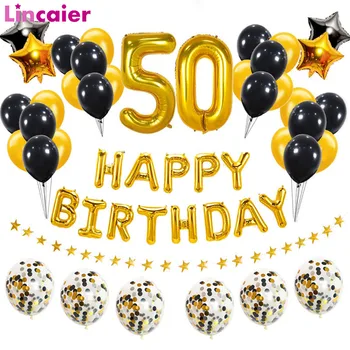 Numarası 50 Folyo Balon Mutlu Doğum Günü Partisi Süslemeleri 50 Yaşında Erkek Kadın 50th Altın Siyah Ev Dekor Yıldönümü Malzemeleri