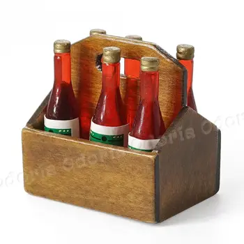 Odoria 1: 12 Minyatür 6 ADET Kırmızı şarap Şişeleri Ahşap raf kasası Kutusu İçecekler Bira mutfak seti Dollhouse Aksesuarları Bebek Evi Dekor