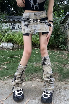 Orijinal Tasarım Kravat Boyalı Y2K Punk Mini Kot Etek Bacak Örtüsü Düşük Bel Düz Etek Alt Kültür Sıcak Kız Gotik Punk Etek Seti