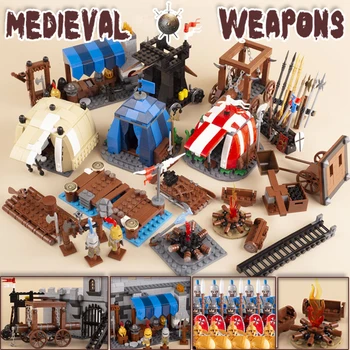 Ortaçağ Askeri Çadır Kuşatma Silahları Blokları Kale Şövalyeleri Figürleri Çekiç Kılıç Raf Sal Şenlik Ateşi Trebuchet Araba Tuğla Oyuncaklar