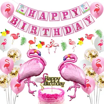 Pembe Flamingo Doğum Günü Partisi Süslemeleri Seti Flamingo Balonlar Kek Topper Garland Kızlar için Doğum Günü Partisi Malzemeleri