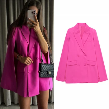 Pembe Kolsuz Pelerin Ceket Ceket Kadın Moda Bahar Turn Down Yaka Kruvaze Cepler Ofis Bayanlar Blazer Mujer 2022