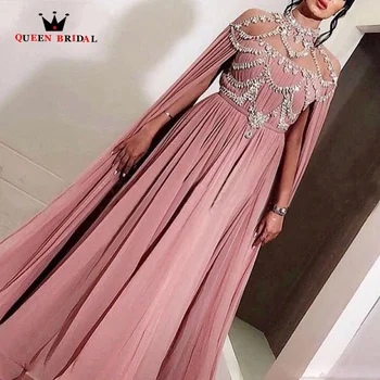Pembe Müslüman Abiye Şifon Uzun Kollu Illusion A-Line Yüksek Boyun Kristal elbiseler de soirée Dubai Kaftan gelinlik da sera WE31