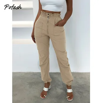 Pofash Sağlam, Uzun Pantolon Kadın Giyim Fırfır Düğme Sokak Kargo Pantolon Fermuar 2021 Kadın Sonbahar Casual Pantolon Cepleri 