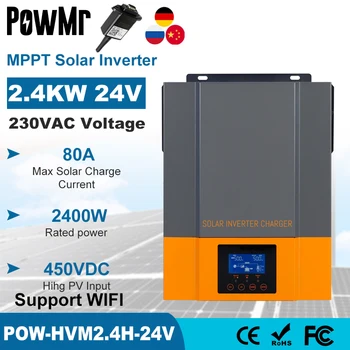 POWMR 3KVA 2400W Hibrid güneş inverteri 24V 230V PV Max 450V Dahili 80A MPPT Solar şarj regülatörü Saf Sinüs Dalga İnvertör