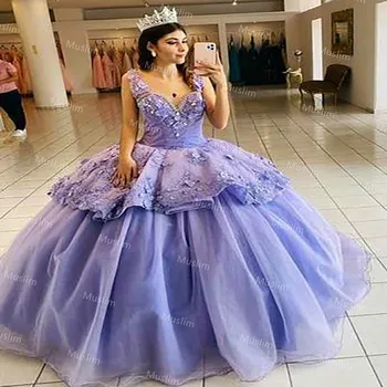 Prenses Leylak Quinceanera Elbiseler Çiçekler Seksi V Boyun Balo Tatlı 15 Elbise Puf Artı Boyutu Balo doğum günü partisi elbisesi