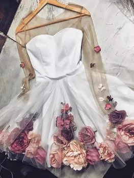 Pretty 3D Çiçek Lady Kokteyl Elbiseleri See Thru Tam Kollu Çiçek Kısa Mezuniyet Elbiseleri Tatlı Balo Abiye платье на nakış