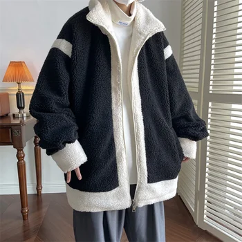 Privathinker Kuzu Yün Polar Polar Kontrast Renk Ceket erkek Kış Gevşek Coat Turn Down Yaka Erkek Fermuarlar Giyim