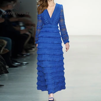 QHZ tasarımcı moda pist maxi elbise Dantel Kesme Uzun Kollu V boyun işlemeli püskül Katmanlı vintage İnce uzun elbise