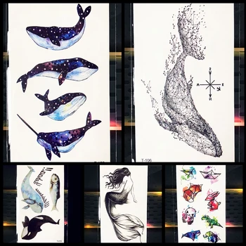 Renkli Yıldızlı Gökyüzü Siyah Balık Geçici Dövme Balina Erkekler Karikatür Çocuklar Vücut Kol Eller Sanat Su Transferi Kadın Dövme Etiket