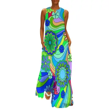 Retro Çiçek Hippi Elbise Trippy Çiçek Baskı Sevimli Maxi Elbise Streetwear Boho Plaj Uzun Elbiseler Bayan V Boyun Elbise Büyük Boy 5XL