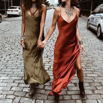 Seksi Saten V Boyun Maxi Elbise Kadınlar Spagetti Kayışı Kolsuz Backless Yan Bölünmüş Uzun Elbiseler 2020 Bahar Bayan Vestido