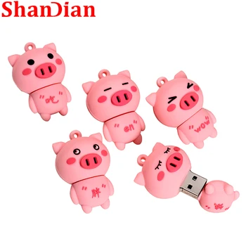 SHANDIAN USB 2.0 flash sürücü 64GB Sevimli Pembe domuz Karikatür Yüksek hızlı Kalem sürücü anahtarlık ile Memory stick İş hediye U disk