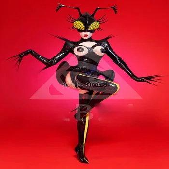 Siyah arı gelecek elbise Parti gogo gece kulübü yeni patent deri seksi böcek cosplay kostüm