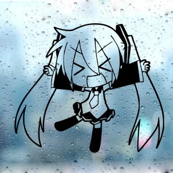 Siyah / Gümüş Kawaii Vocaloid Anime Araba Sticker Çıkarılabilir Su Geçirmez Pencere Vücut Çıkartması 15cm