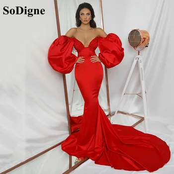 SoDigne Kırmızı Mermaid Saten Akşam Parti Elbiseler Kısa Kollu Balo Abiye Kadınlar Örgün Kadınlar Özel Durum Elbise Özelleştirmek