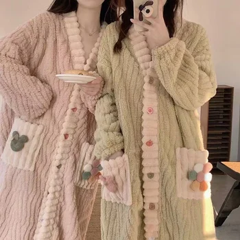Sonbahar Kış Kadın Elbise Kalınlaşmak Fanila Pijama Uzun Kollu V Yaka Sevimli Kıyafeti Pijama bornoz