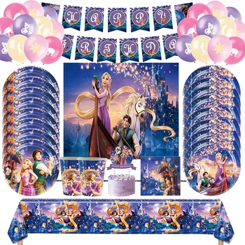 Tangled Rapunzel Prenses Parti Süslemeleri Disney Prenses Tek Kullanımlık Sofra Tabaklar Banner Balonlar Kız Doğum Günü Partisi İçin