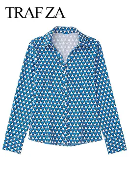TRAF ZA Moda Moda Cilt Dostu Zarif Bluz Mavi Pijama Rahat Baskılı Tek Göğüslü Uzun Kollu Bayan Gömlek