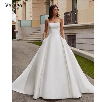 Verngo 2021 Basit Bir Çizgi Saten düğün elbisesi Takılabilir Overskirt Straplez Sweep Tren gelin kıyafeti Bolero Uzun Kollu