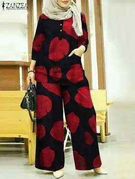 Vintage Müslüman Setleri ZANZEA Kadınlar Çiçek Baskılı Eşofman 2 Parça Setleri Gevşek pantolon Setleri Rahat Gevşek İslam Pantolon Takım Elbise 2022