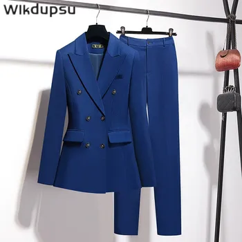 Vintage Retro Profesyonel Resmi Uzun Kollu Slim Fit Takım Elbise Blazer Pantolon İş Ofis Bayanlar İş Elbisesi 2 Parça Set Giyim
