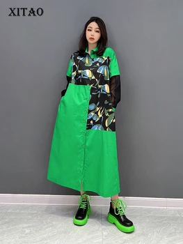 XITAO Moda Gömlek Elbise Asimetrik Kontrast Renk Baskı Ekleme Sonbahar Yeni Örgü Uzun Kollu Kadın Bok Gömlek WLD8816