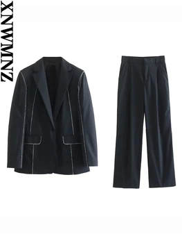 XNWMNZ Kadın Moda Renk Kontrast Dikiş Uzun Düz Blazer Ceket veya Unisex Yüksek Bel Pantolon Kadın Şık İki Parçalı Set