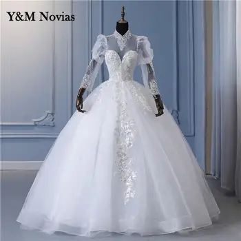 Y & m Novıas Ucuz Yüksek Boyun Boncuklu gelinlik Dubai Tarzı Vintage Dantel düğün elbisesi Parti Kadınlar İçin Gelin Elbiseler Uzun Kollu