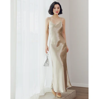 Yaz elbisesi Kadınlar Casual Uzun Saten Kayma Elbise Spagetti Kayışı Parti Elbise Vintage Altın Beyaz İpek Seksi Maxi Elbiseler Vestidos
