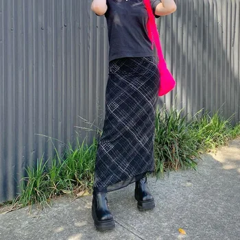 Yaz Rahat Kılıf Elbise Kadın Ekose Baskılı Çift katmanlı Net İplik Etekler 2021 Yeni Tüm Maç Yüksek Bel Vintage Y2k Uzun Etek