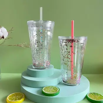 Yeni 500ml Çift Katmanlı Şeffaf Plastik Saman Bardak Yaratıcı Su Bardağı Su Şişesi Kahve Fincanı Bardak Kupalar çay bardağı BPA içermeyen