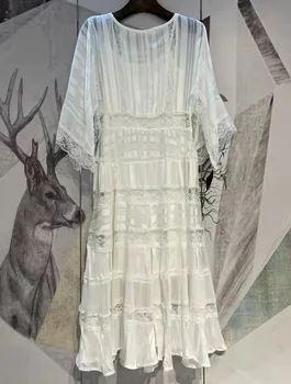 Yeni Varış yaz elbisesi 2022 Yüksek Kalite Bayanlar Seksi Tül Dantel Patchwork Parlama Kollu Orta Buzağı Rahat Beyaz Boho Elbise Kulübü