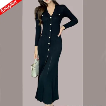 Yeni Yıl Kadınsı Vestidos 2021 Kadın Kış Bahar Katı Düğme Tek Göğüslü Siyah Zarif Uzun Maxi Örgü Kazak Elbise