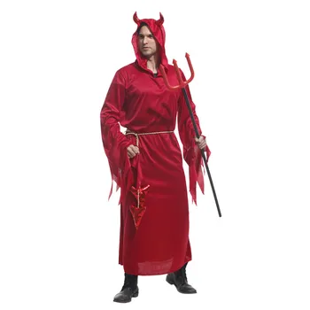 Yetişkin Kırmızı Şeytan İblis Efendisi Kostüm Kapşonlu Robe Boynuz Erkekler için Cadılar Bayramı Purim Parti Karnaval Cosplay