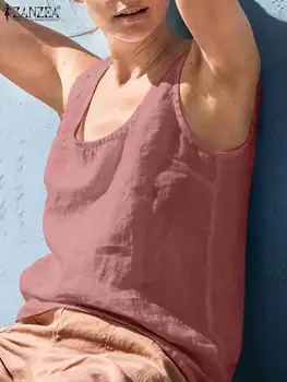 ZANZEA Moda Yaz Kolsuz Tank Beach Holiday Bluz Kadın Kombinezon Gömlek Casual Pamuk Blsuas Katı Kadın büyük Boy Tops 