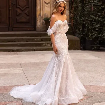 Zarif Dantel Mermaid düğün elbisesi 2022 Sevgiliye Kapalı Omuz Aplike Tül gelin kıyafeti Seksi Backless Vestidos De Noiva