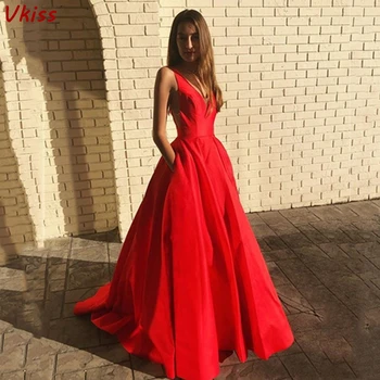 Zarif Kırmızı Uzun balo kıyafetleri 2021 Yeni Resmi Kadın Parti Gece Kolsuz Vestidos Backless Saten A-Line Basit Abiye giyim