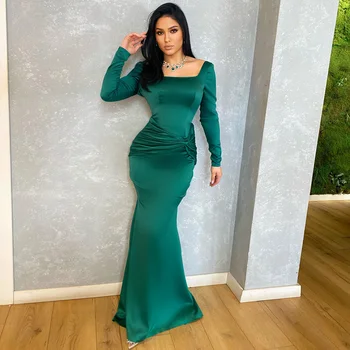 Zümrüt Yeşili Balo Elbise Saten Kare Boyun Mermaid Balo elbisesi Kadınlar için Uzun Kollu Plise Basit Örgün Parti Elbiseler 2022